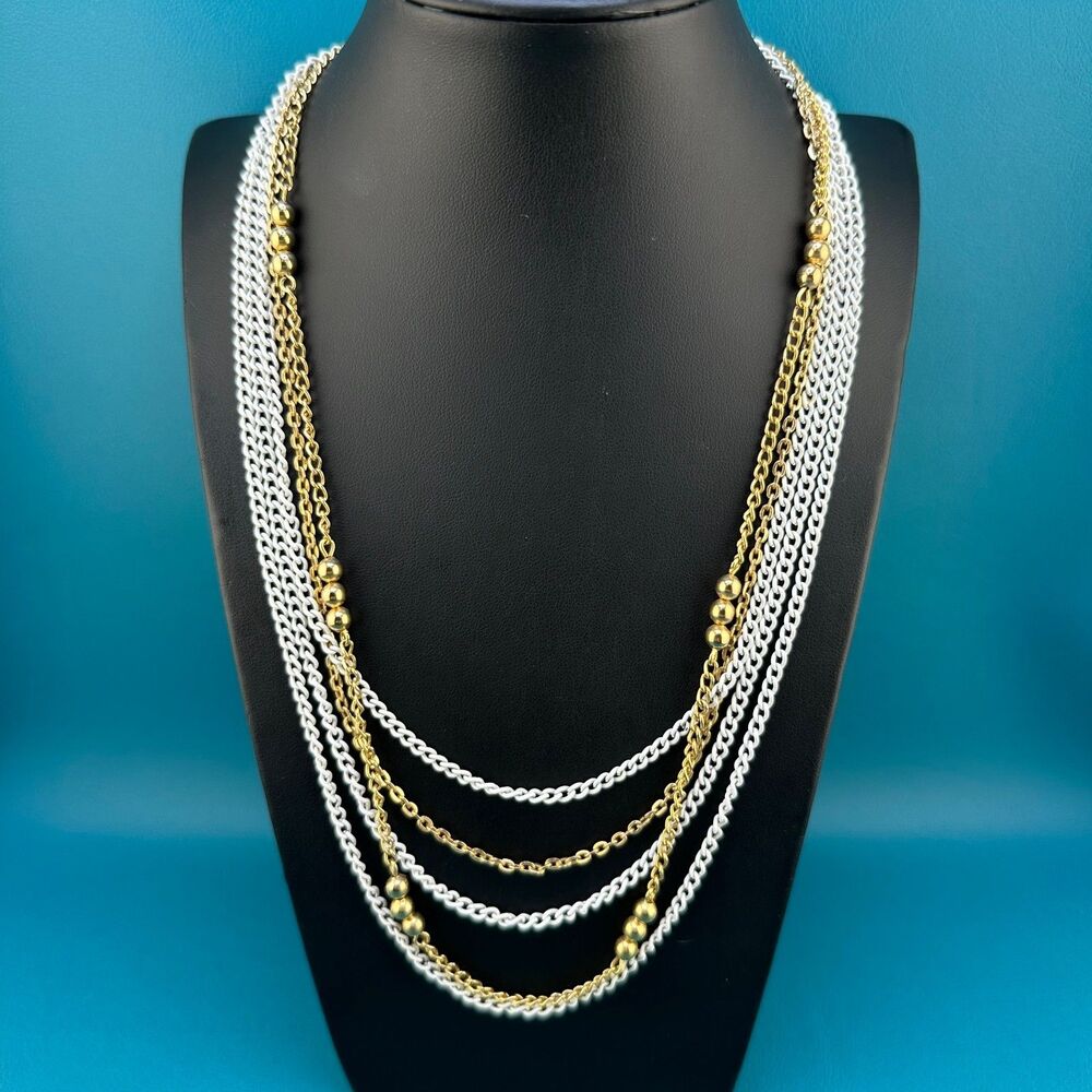 Vintage Chain Necklace Layered Multi Strand Gold Tone White Enamel Curb Link 19"